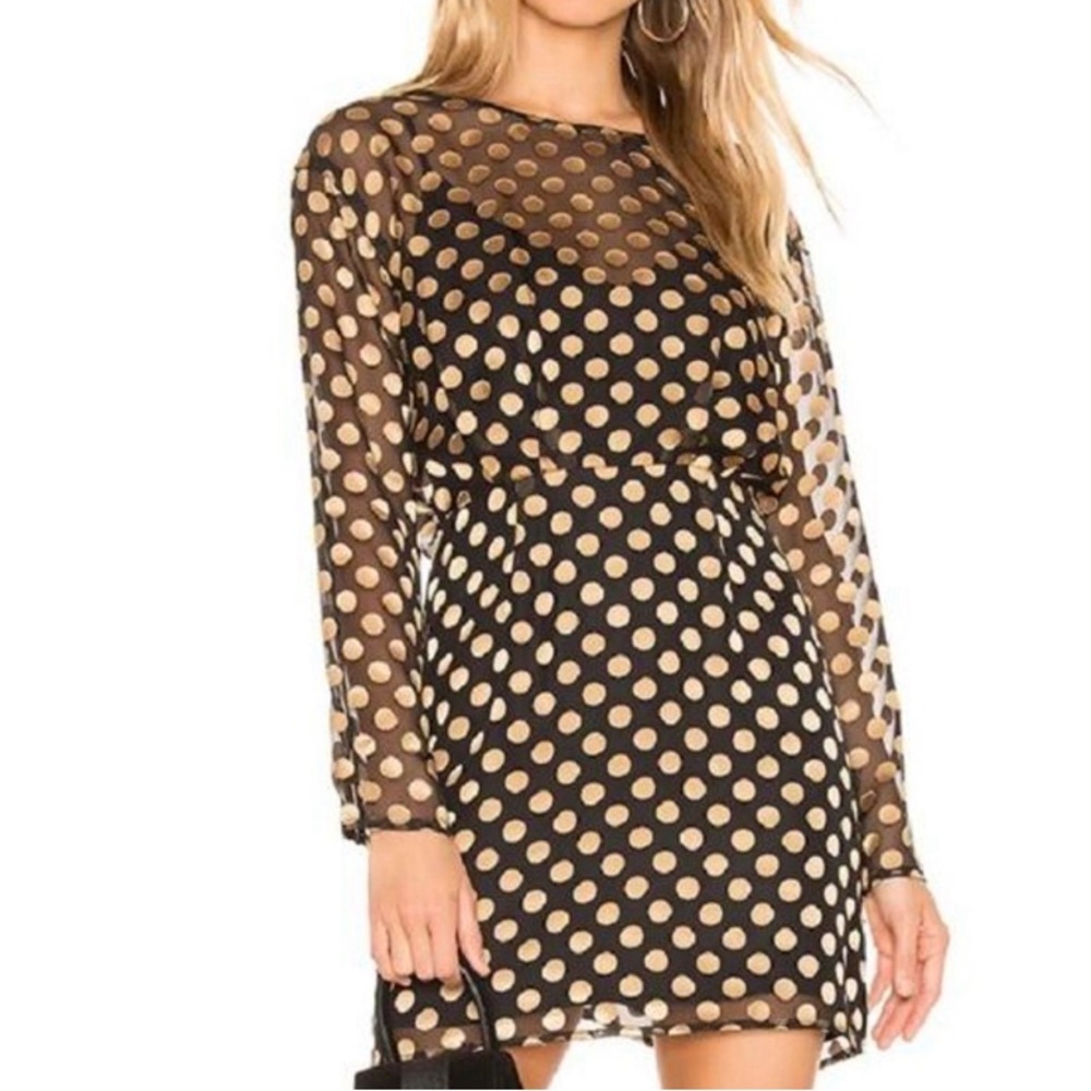 ASTR the Label Size Medium Black Long Sleeve Sheer Dress with Gold Polka Dots